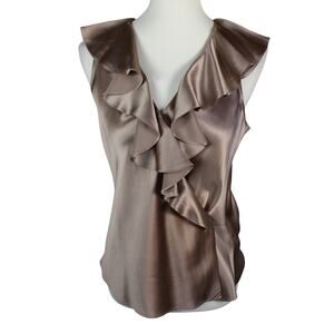 Ralph Lauren Womens Size 8 Brown Silk Ruffle V Neck Sleeveless Blouse Top Y2K